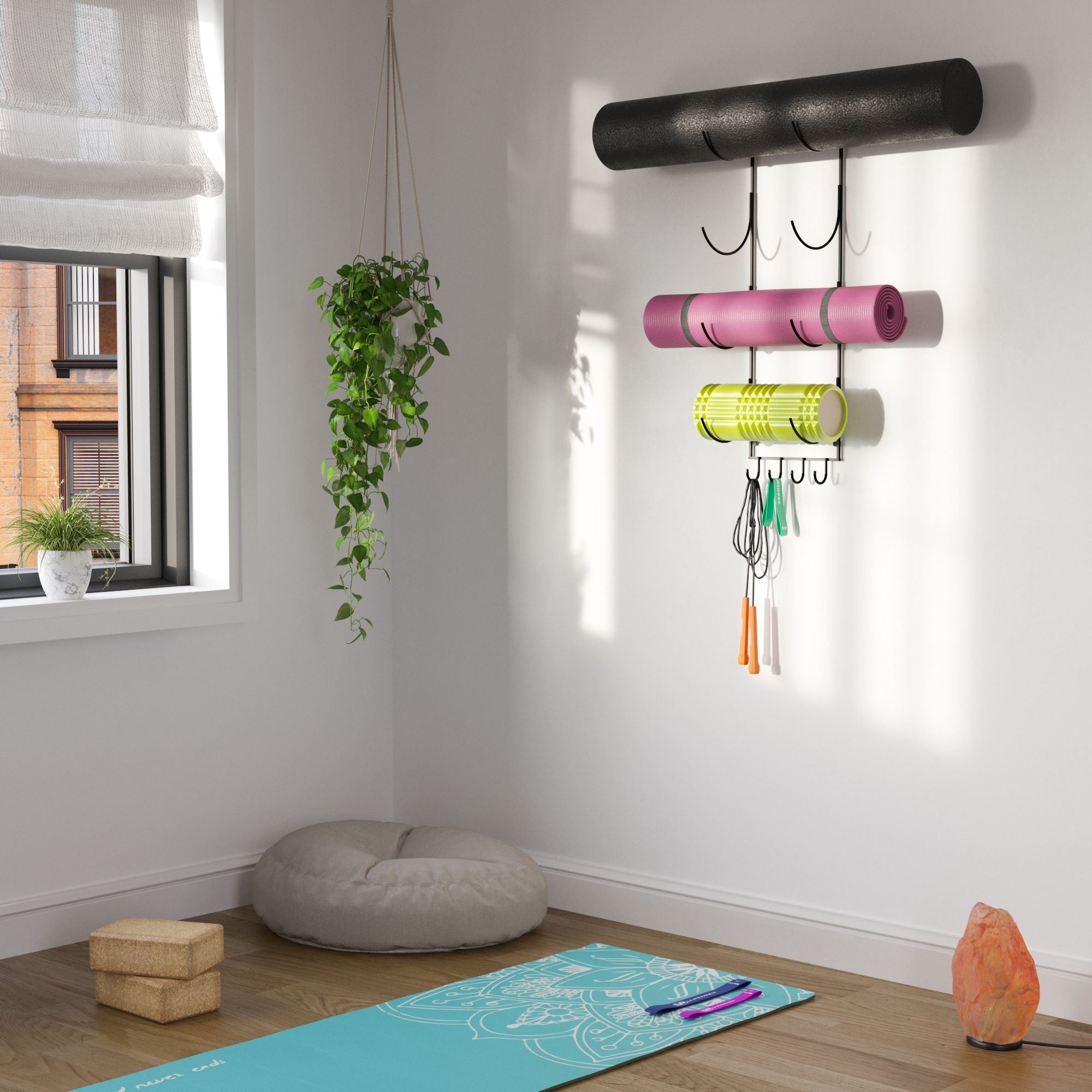 Yoga Mat Holder, Yoga Mat Storage Wall Mount Sturdy Yoga Mat Rack Organizer  with 4 Hooks for Foam Roller Resistance Bands and Yoga Equipment  Accessories at Home Gym 