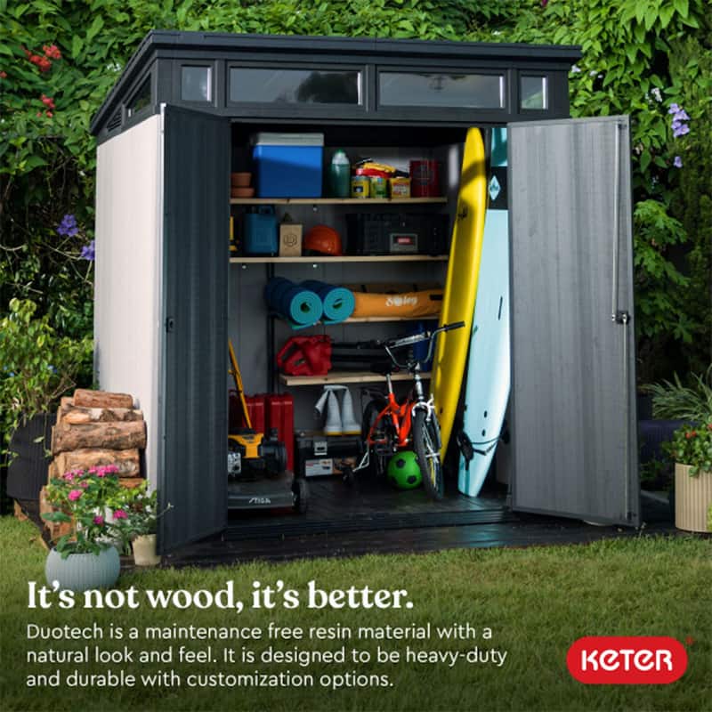 Keter Artisan 7 x 7 FT. Modern and Elegant Resin Outdoor Storage Shed With Floor for Patio Furniture and Tools, Grey - 7x7