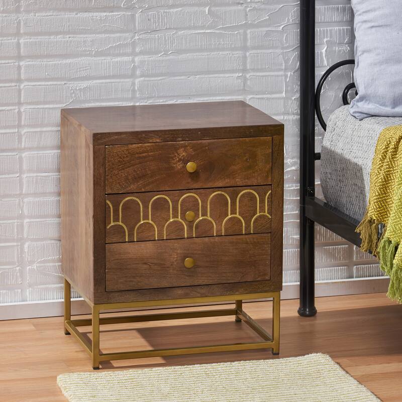 Contemporary Mango Wood Night Stand with Gold Fish Scale Design and Iron Frame