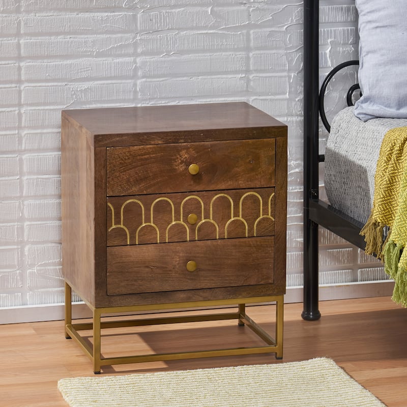 Contemporary Mango Wood Nightstand, Mid-Century Modern Design, Gold Accents, Durable Iron Frame, 3 Drawers