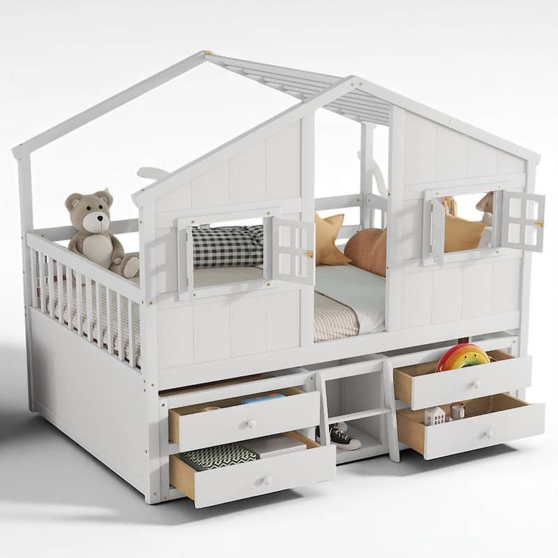 Full House-Themed Loft Bed with Ladder, Roof, Windows, Safety Rails and Storage Drawers for Kids