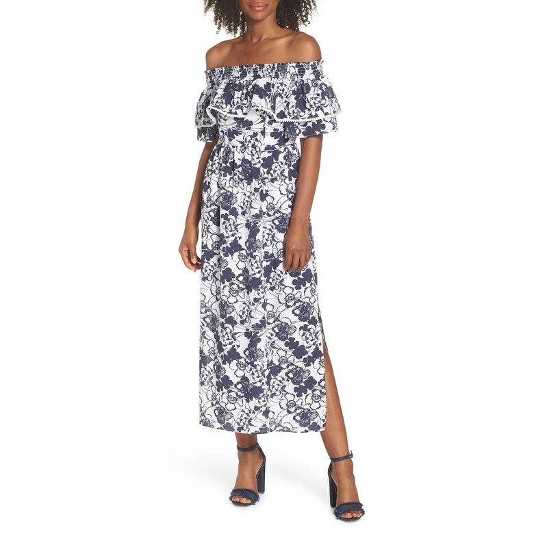Shop Chelsea28 White Navy Womens Size 18 Off Shoulder Ruffle Maxi