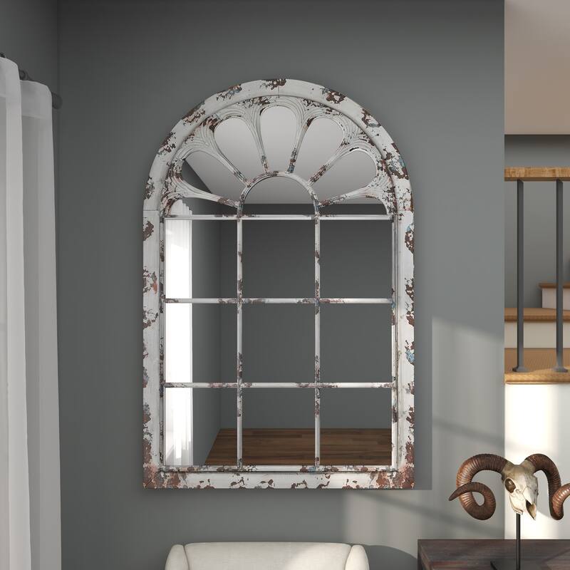 White Metal Window Pane Inspired Room Wall Mirror with Arched Top