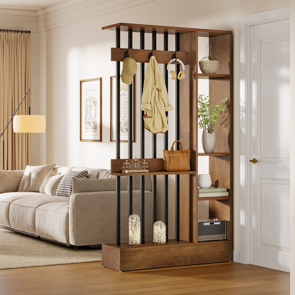 Wood Room Divider with Shelves & Coat Hooks, 71" Modern Wall Partition, Brown/Grey/White - 39.37" W x 11.81" D x 70.87" H