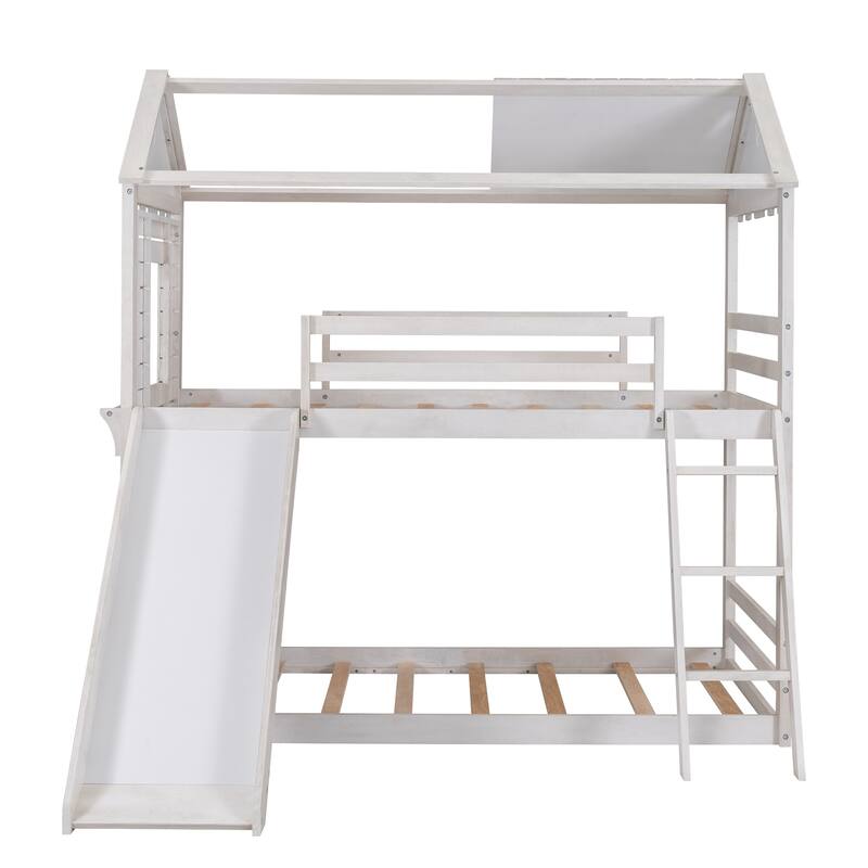 Twin Over Twin Bunk Bed Wood Bed with Roof, Window, Slide, Ladder Bed