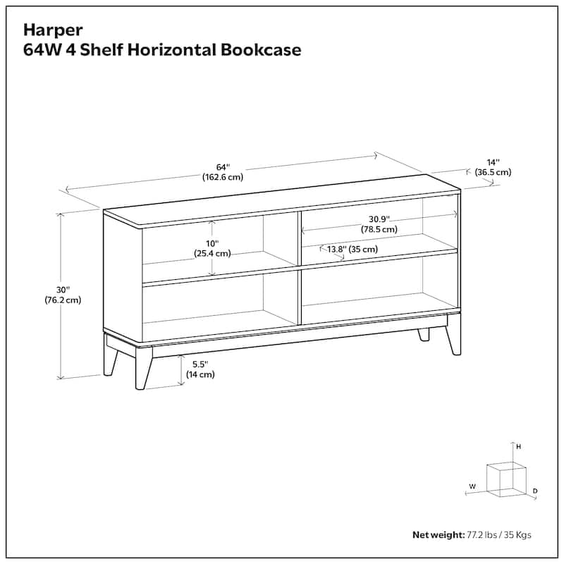 WYNDENHALL Pearson 30 x 64"Solid Wood Mid Century 4-Shelf Low Bookcase in Walnut Brown - 14"D x 64"W x 30"H