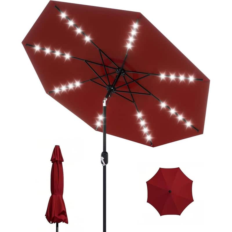 9 Ft Patio Umbrella with Solar Lights for Pool, Deck, Backyard - Red