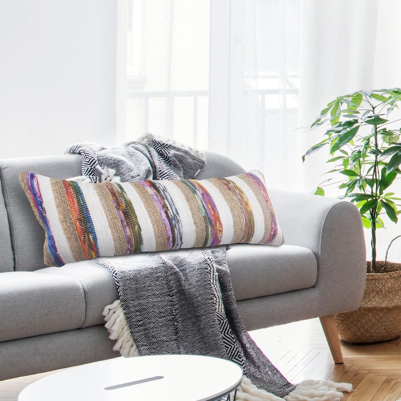 Sevita White and Multicolored Chindi with Natural Jute Striped Throw Pillow - Accent - 14" x 36" - Polyester - White/Tan/Multi - Single
