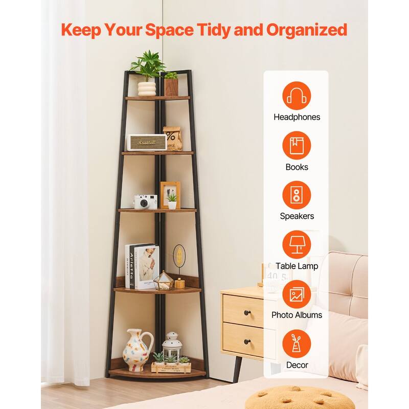 Black Metal Frame Brown Wood 5 Tier Corner Bookshelf with Space-Saving Design - 24 x 17 x 70 in