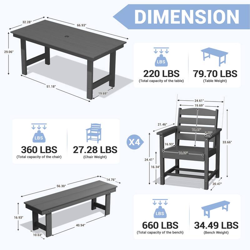 6-Piece HDPE Outdoor Dining Table Sets with Umbrella Hole - 1-Table 4-Chairs-1-Bench