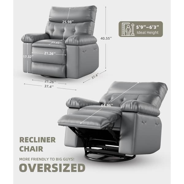 dimension image slide 4 of 5, 37.4" Oversized Manual Recliner with Heat and Massage, 360 Swivel Rocking Chair 21.3" Seat with Cup Holder