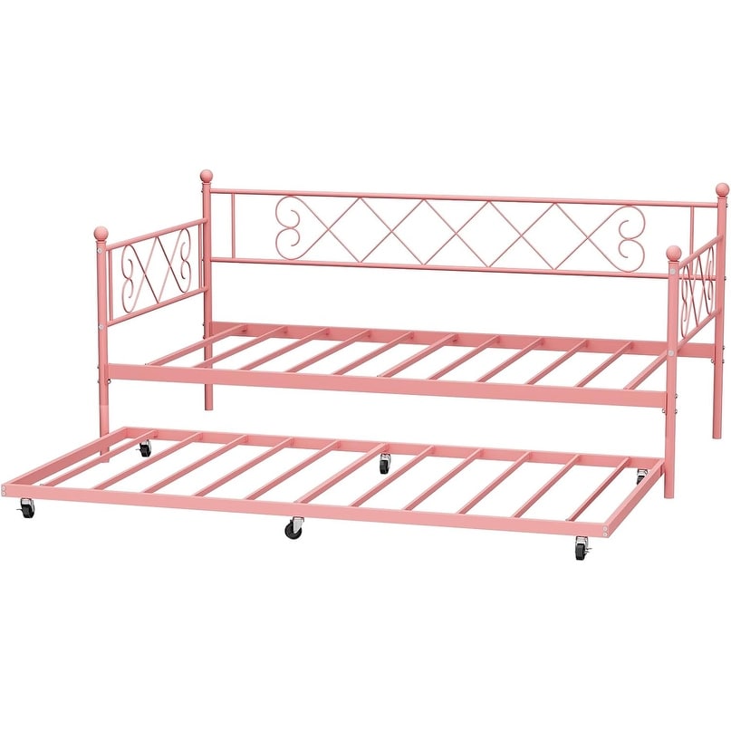 Twin Daybed with Trundle, Heavy-Duty Metal Slat Mattress Foundation, Upholstered Headboard, Space-Saving Bed