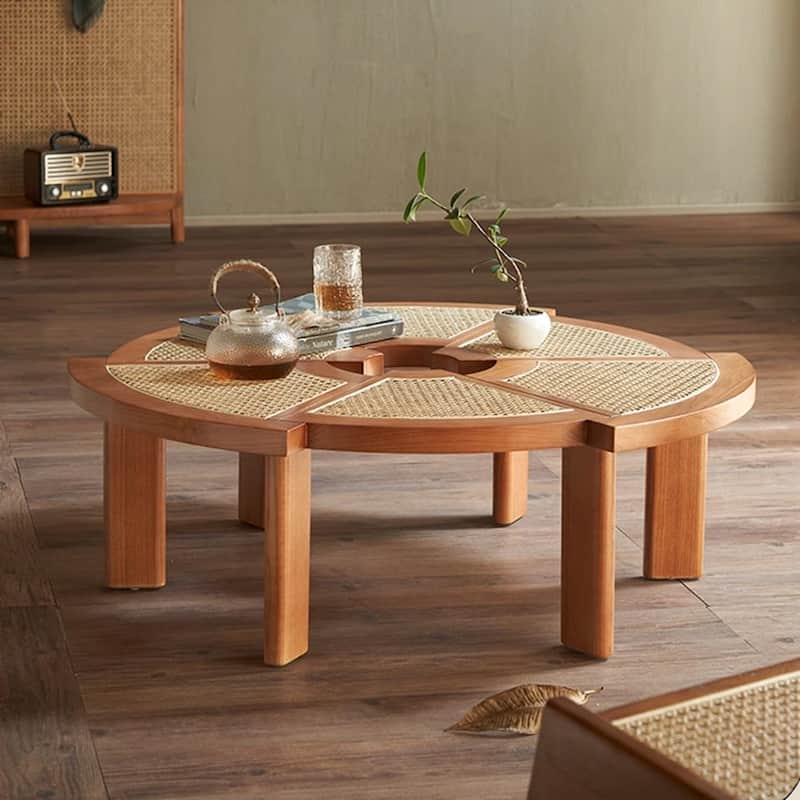 Modern Round Wood Accent Table with Woven Edges - L 39.37'×W 39.37'×H 13.19'