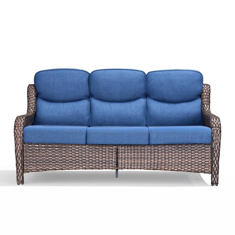 Meyreso Handwoven Wicker Outdoor Patio 3-Seat Sofa with 5-Inch Thick Cushions