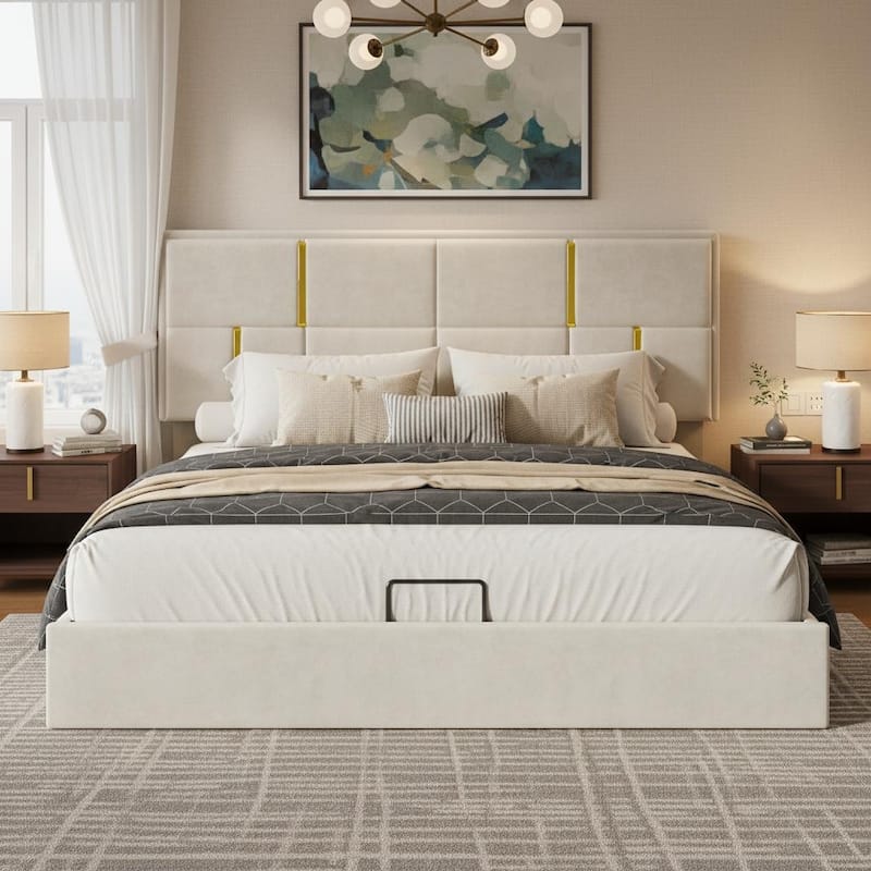 Luxury Lift-Up Queen Upholstered Platform Frame with Hydraulic Storage and Modern Gold Accents by Harper&Bright Designs