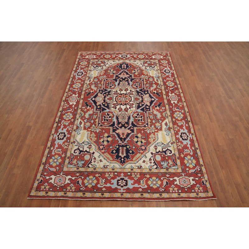 Hand Knotted Oriental 100% Wool Carpet Traditional Medallion Oranges & Rust Heriz (serapi) Area Rug - 9' 0'' X 6' 0''