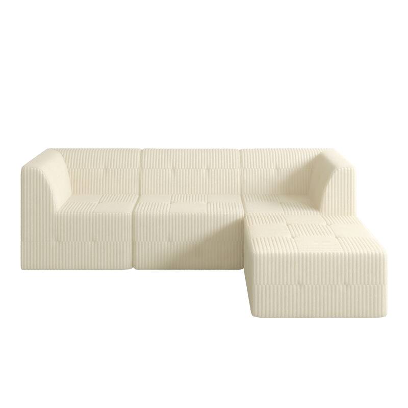Minimalist Corduroy Upholstered Sectional Sofa with Chaise, Modular Compressed Sleeper Couch with Ottoman for Living Room