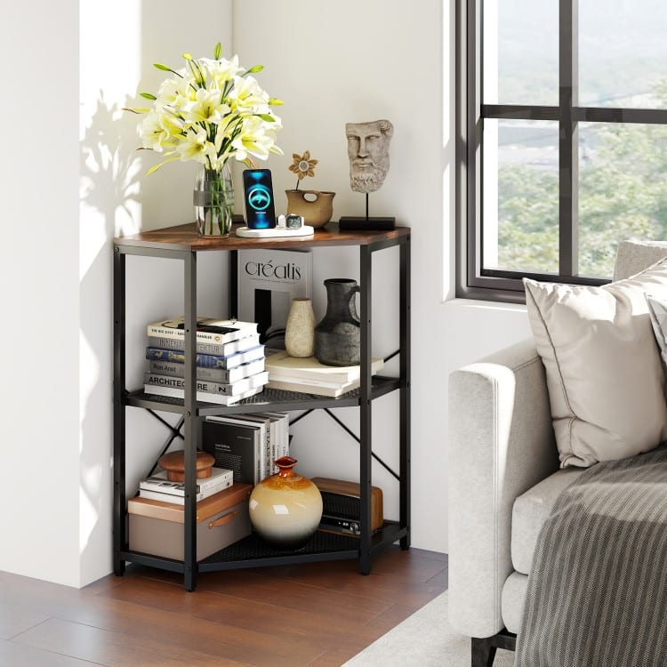 Metal and Engineered Wood Corner Printer Table with Power Strip and Adjustable Shelves - 20" L x 20" W x 31" H