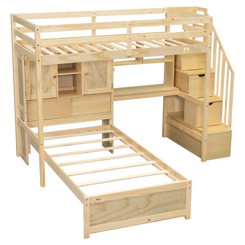 Twin over Twin Loft Bed with Built-in Desk, Staircase & Storage, Natural Pine Wood & MDF