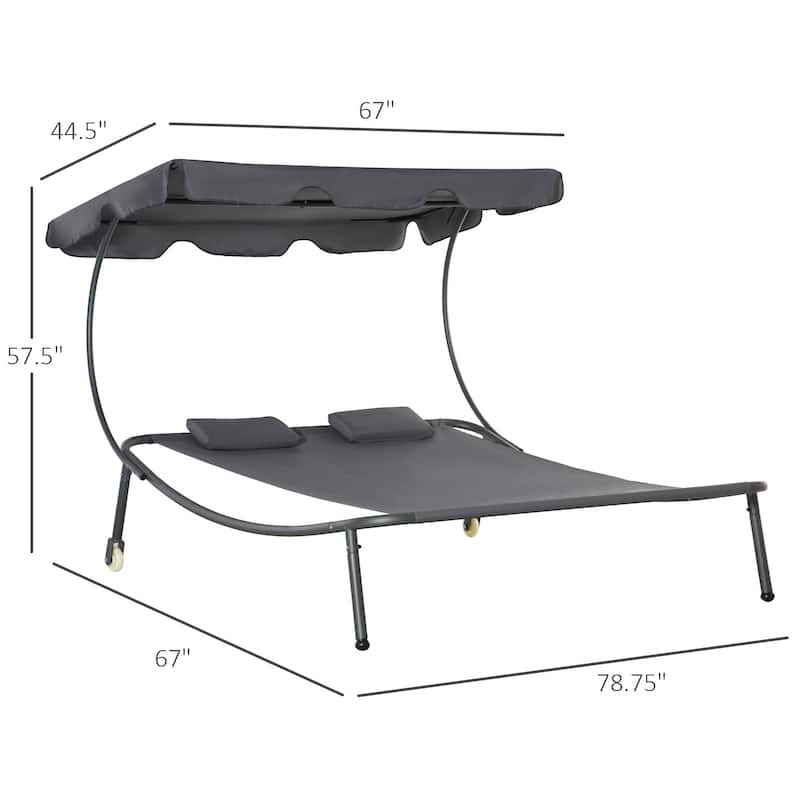 Outsunny Patio Double Chaise Lounge Chair, Outdoor Wheeled Hammock Daybed with Adjustable Canopy and Pillow