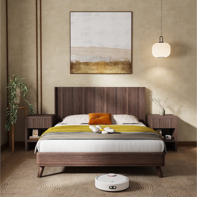 King Size Wall Mounted Wood Headboard with Fluted Panel and Wingback Design - Walnut Finish