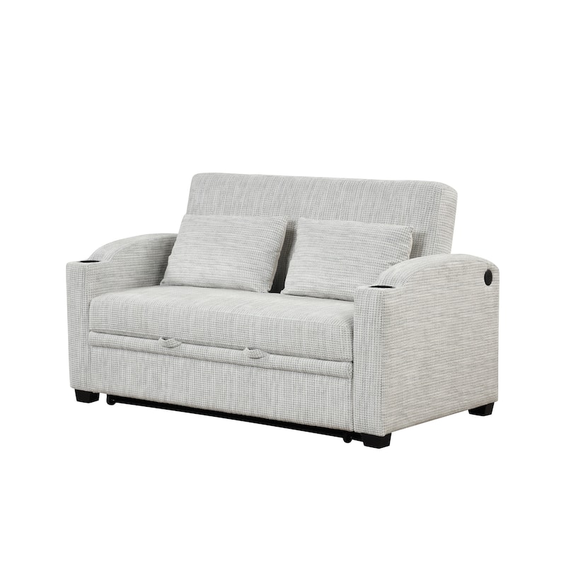 61.6" Pull Out Sofa Bed with Adjustable Backrest, 2 Pillows, Cup Holders & USB Ports, White Gray, Chenille