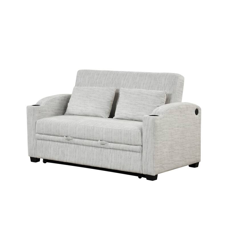 Pull Out Sofa Bed Modern Chenille Convertible Loveseat Sofa With Adjsutable Backrest, 2 Pillows, Cup Holders, Usb Ports