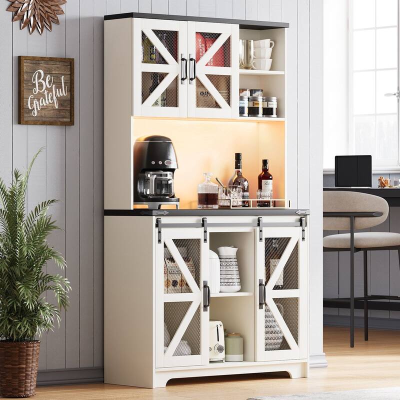 Gymojoy 71" Farmhouse Pantry Cabinet with LED Lights & Charging Station, Tall Kitchen Storage with Adjustable Shelves - White