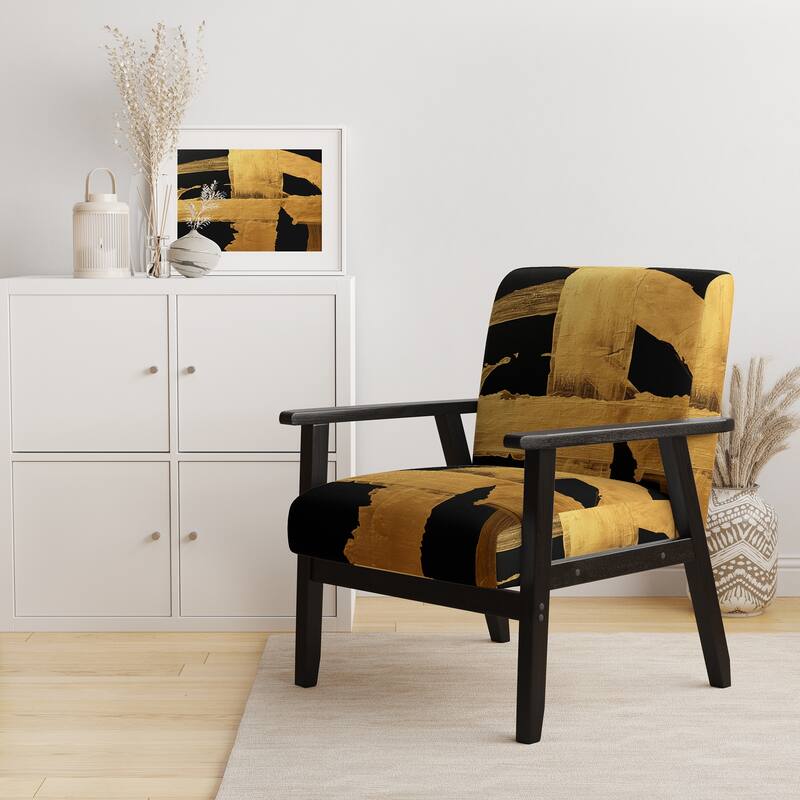 Designart "Black & White Crossing Paths I" Upholstered Abstract Accent Chair - Modern Arm Chair For Bedroom - Arm Chair - Black Wood - Black & Gold