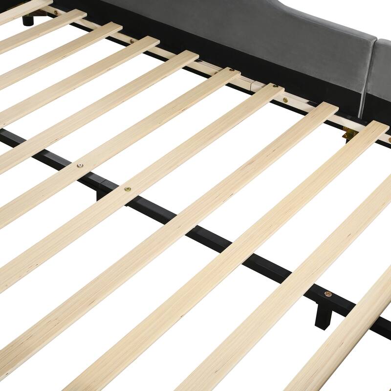 Full Size Upholstered Platform Bed with Bedside Desk and Stool, Velvet, Gray