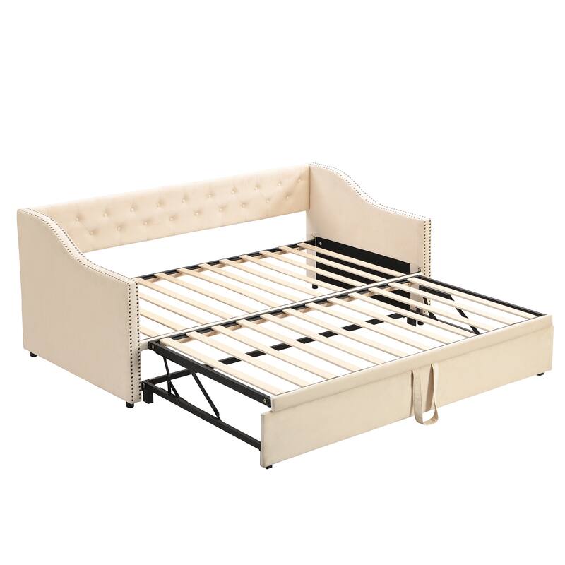Twin Size Upholstered Daybed with Pop-Up Trundle, Expandable from Twin to King, Velvet with Armrests