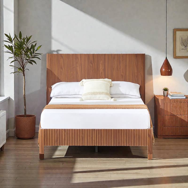 Wood Bed Frame with Corrugated Curved Wood Panels, Heavy Duty Metal Support, No Box Spring Needed