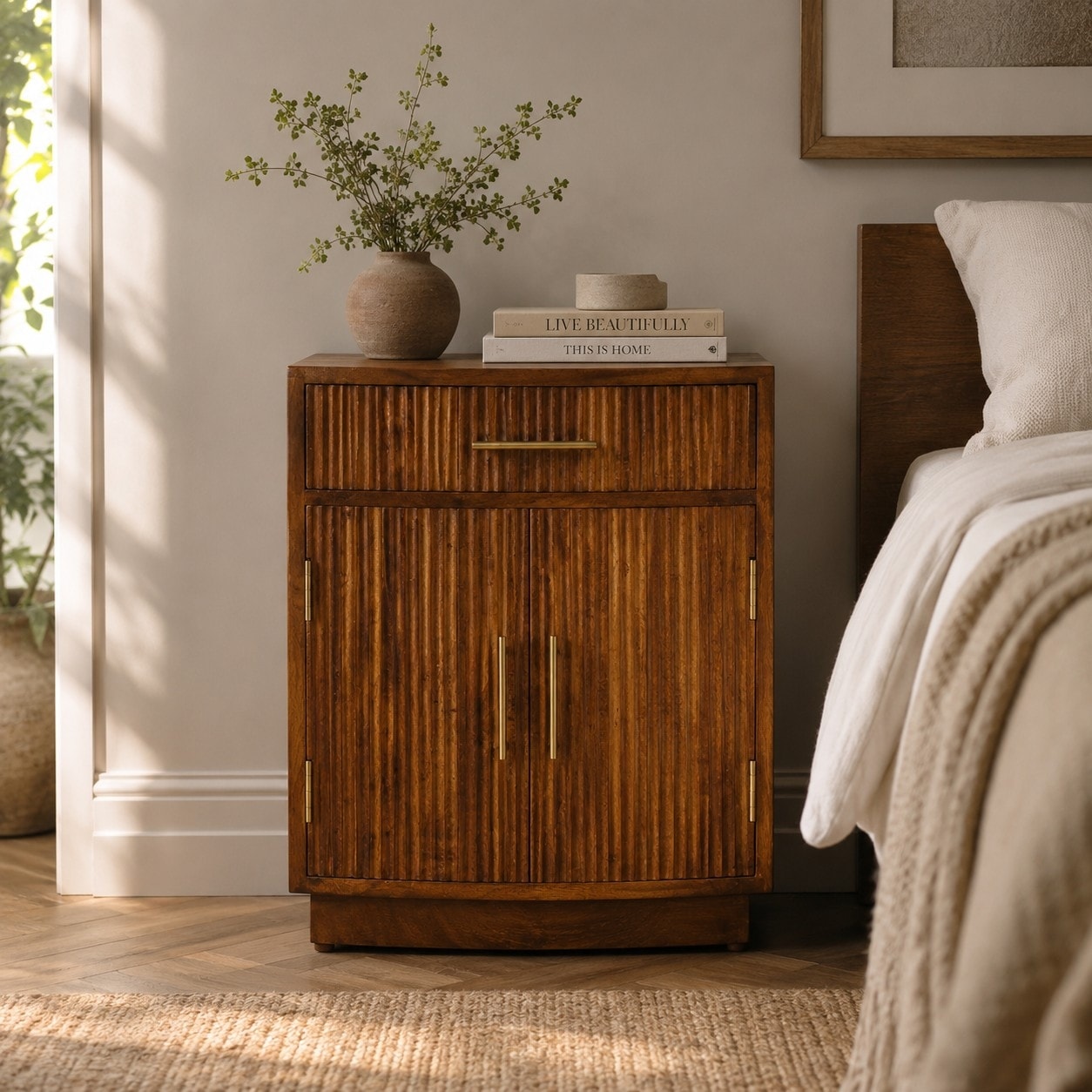 Artisan Furniture Solid Wood Milan Fluted Bedside Cabinet, Brown