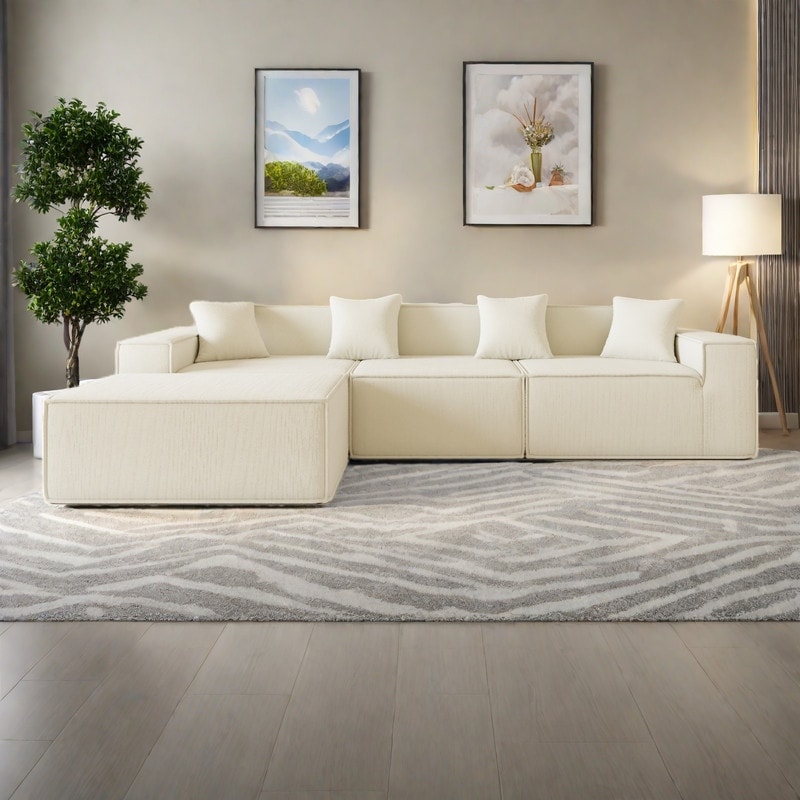 109" Corduroy Modular L-Shaped Sectional Sofa with Reversible Ottoman Included, Deep Seat Cushions