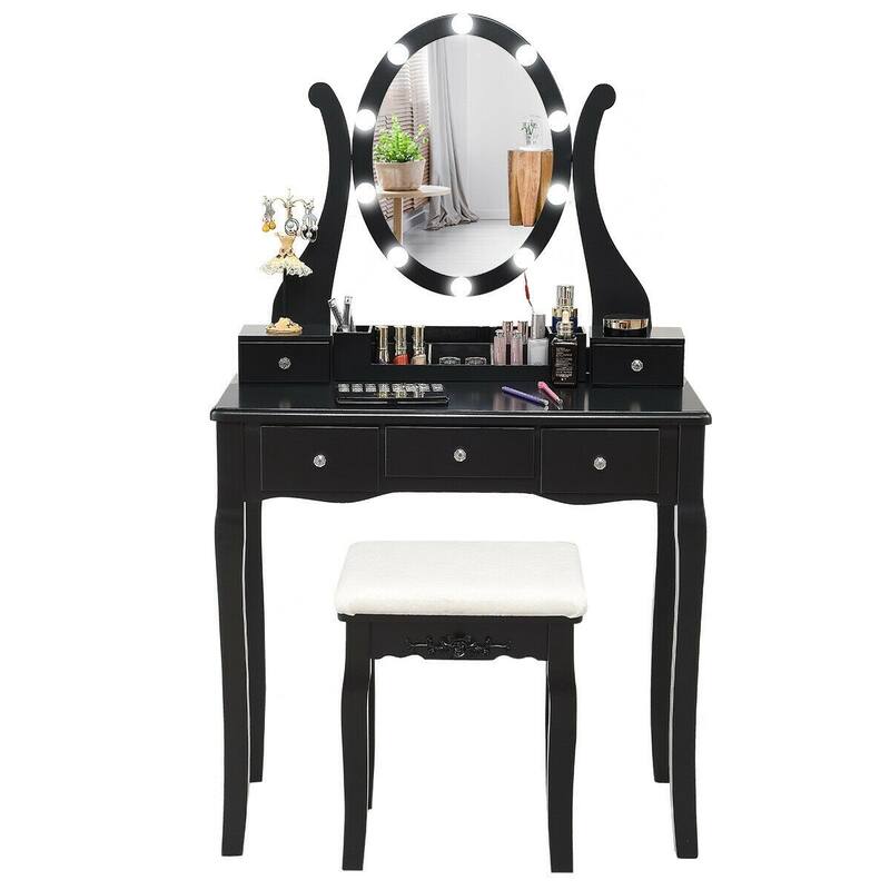 Touch Switch Makeup Dressing Vanity Table Set with 10 Light Bulbs - 31.5" x 16" x 54" (L x W x H)