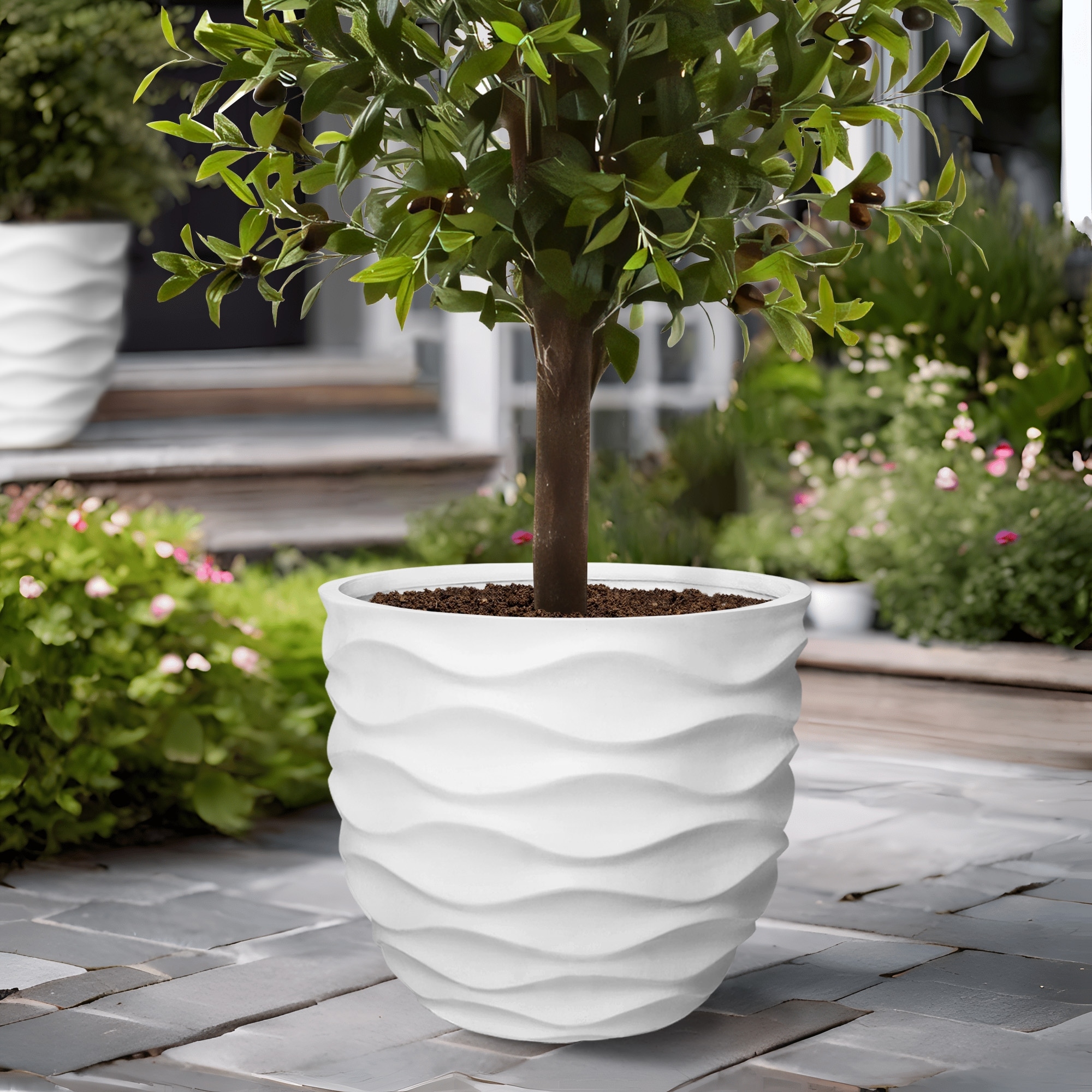 17.3" Diameter White Horizontal Waves Fiber Stone Round Pot Planters - 15.2" H x 17.38" Diameter