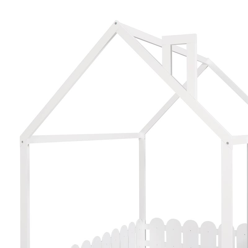 Full Size Wood House Bed Frame with Fence for Kids and Teens, White