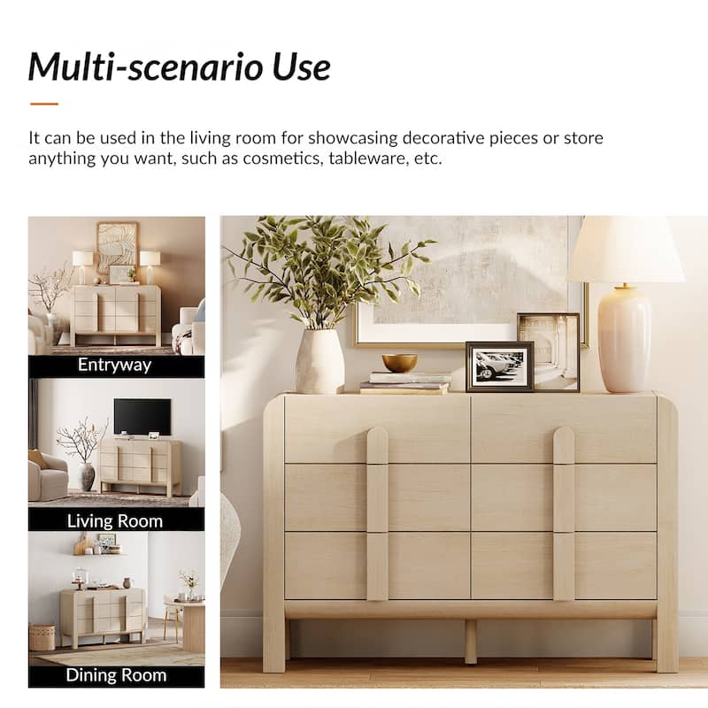 WAMPAT Mid Century Wood 6 Drawer Dresser For Bedroom, Modern Chest Of Drawers With Curved Profile Design