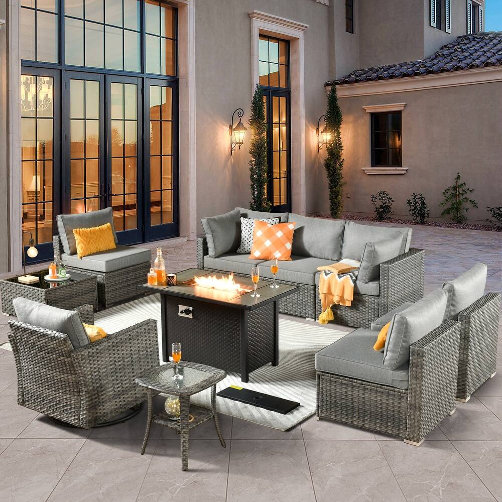 XIZZI 10-Piece Outdoor Wicker Sectional Set with 42" Fire Pit Table, Swivel Chair