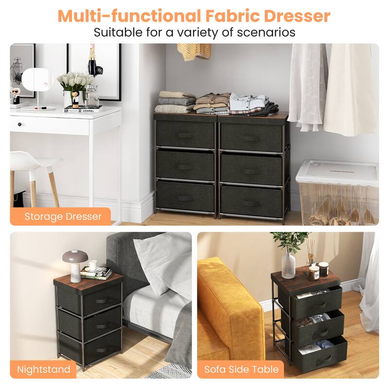 Gymax 2PCS Fabric Bedside Table 3 Drawers Nightstand Small Dresser