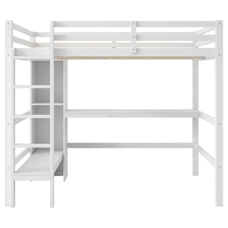 Full Size Loft Bed with Bulit-in Desk and Multifunction Storage Shelves, Wooden Loft Bedframe with Ladder and Guardrail