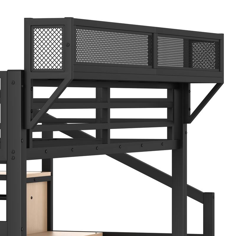 LED High Loft Bed with Charging Station, Heavy Duty Metal Loftbed Frame with Stairs, Shelves and Wardrobe