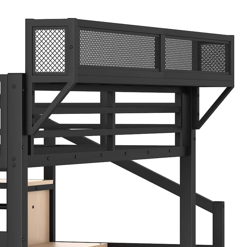 Twin XL/Full Metal Loft Bed with Storage Stairs, Built-in Wardrobe & USB Ports/LED Lights - Noise Reduced Design