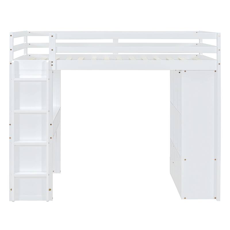 Twin Size Loft Bed with large shelves, writing desk and LED Light - White