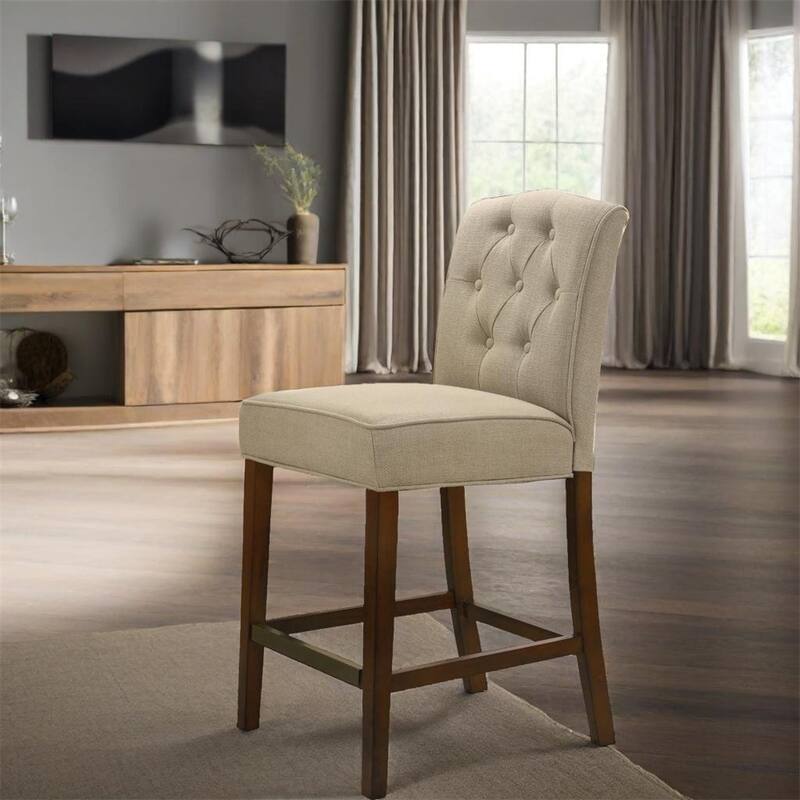 Fabric Counter Height Chair with Wood Legs and Button Tufted Back Bed