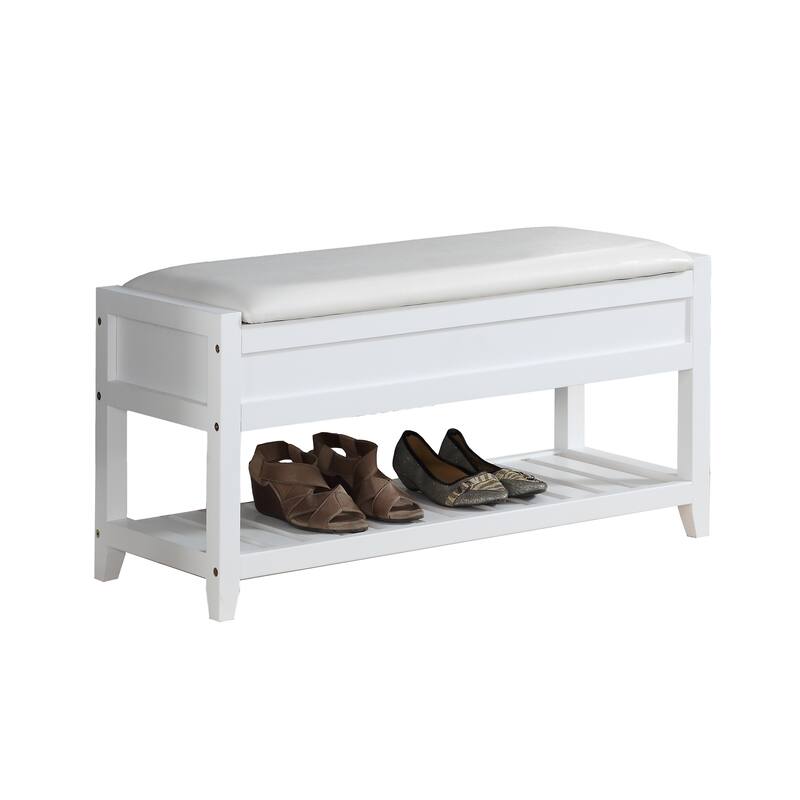 Elegant Upholstered Seat Shoe Bench with Open Shelves, Storage Bench with Flipping Lid, Entryway Footrest Bench