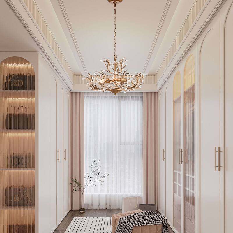 Flavia 4-light Crystal Beaded 9-Branch Chandelier. - Brushed Brass.