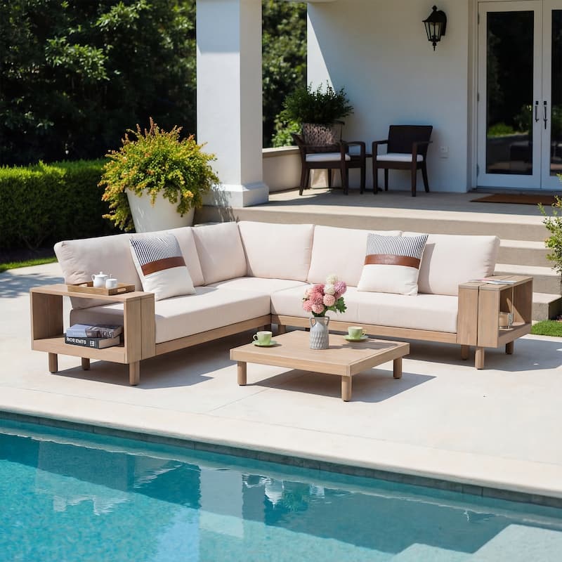 Outdoor 4-Piece Conversation Set Solid Eucalyptus Wood L-Shaped Sectional Sofa with Coffee Table