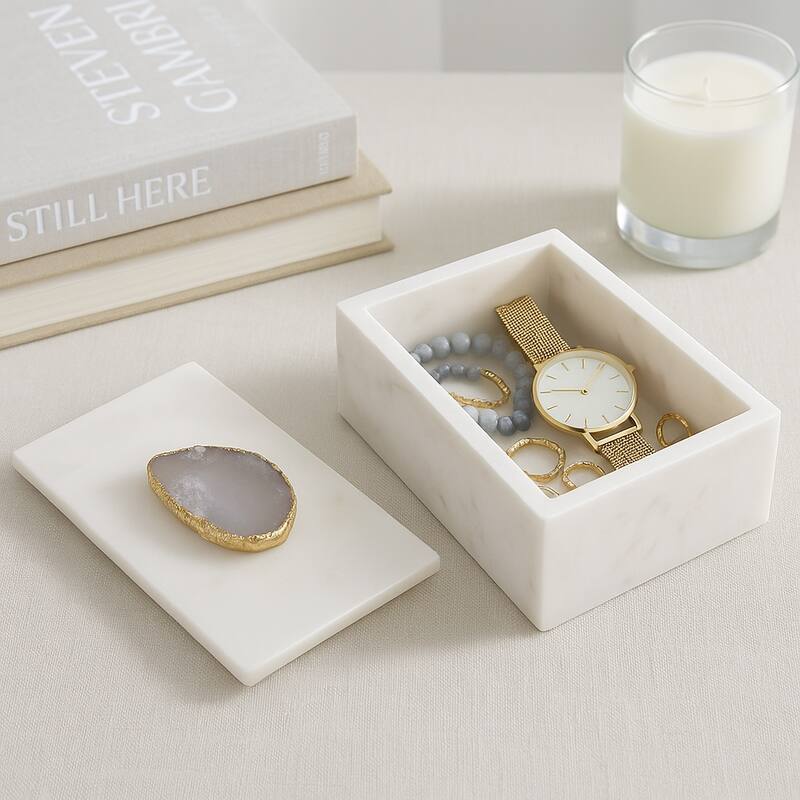 Marble Agate Top Lidded Storage Box - White/Gold - 6" x 4" x 3.25" - 6" x 4" x 3.25" - White/ Blue