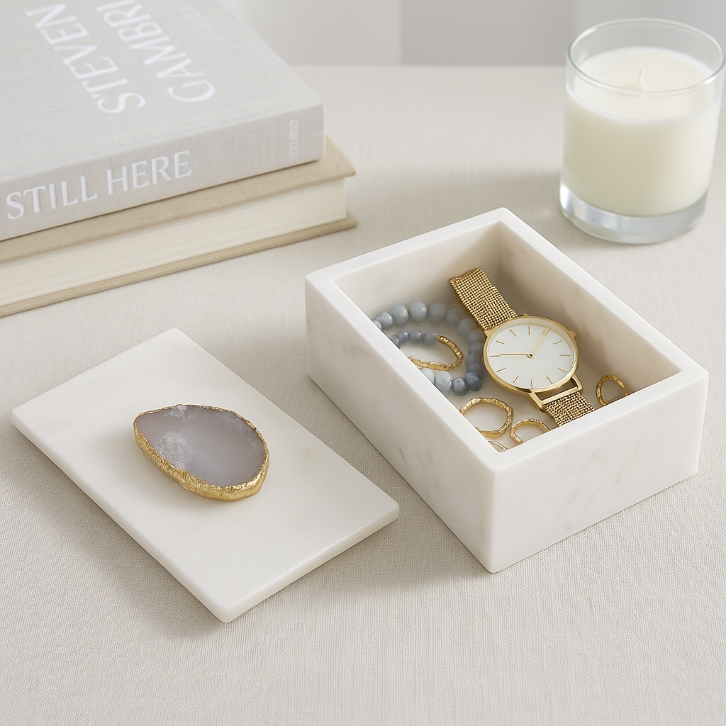 Marble Agate Top Lidded Storage Box - White/Gold - 6" x 4" x 3.25"